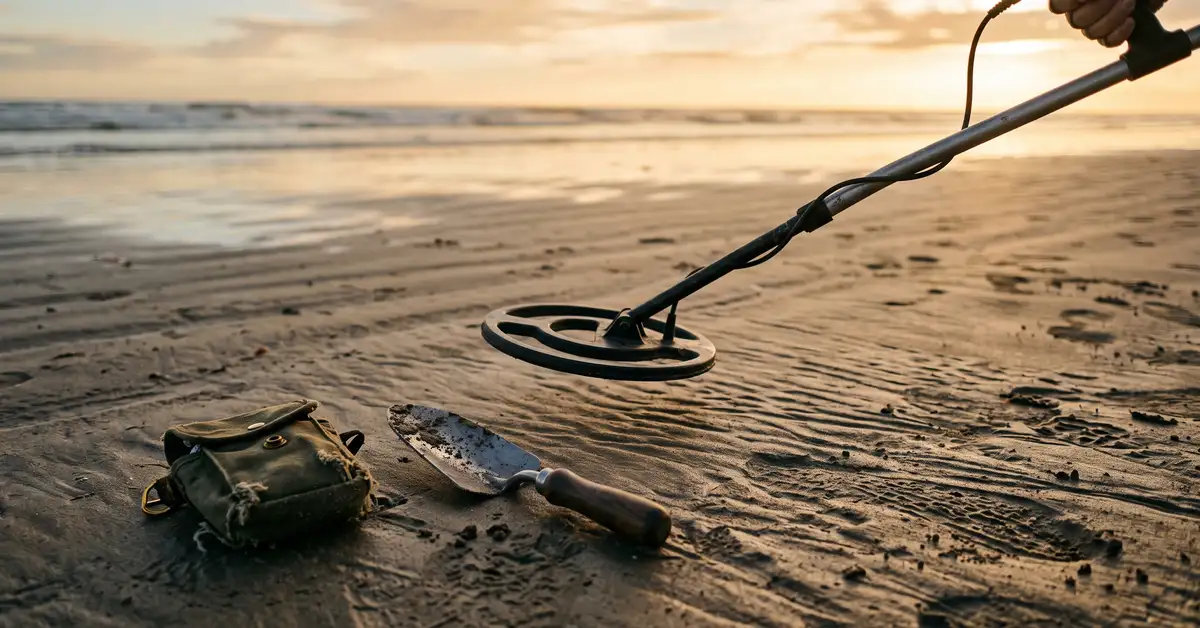 A metal detector search coil held low over damp, rippled beach sand at low sun, with a hand trowel and a small canvas pouch beside it